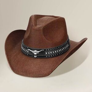 Metal Steer Head Pointed Faux Leather Band Western Straw Cowboy Fedora Hat